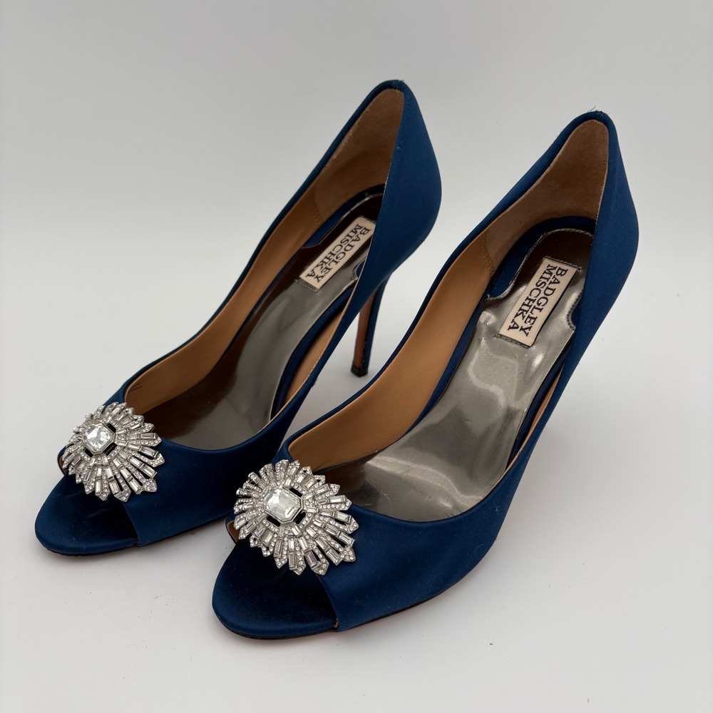 Badgley‎ Mischka Navy Blue Satin Peep Toe Heels Embellished Crystal Sparkle 9.5W